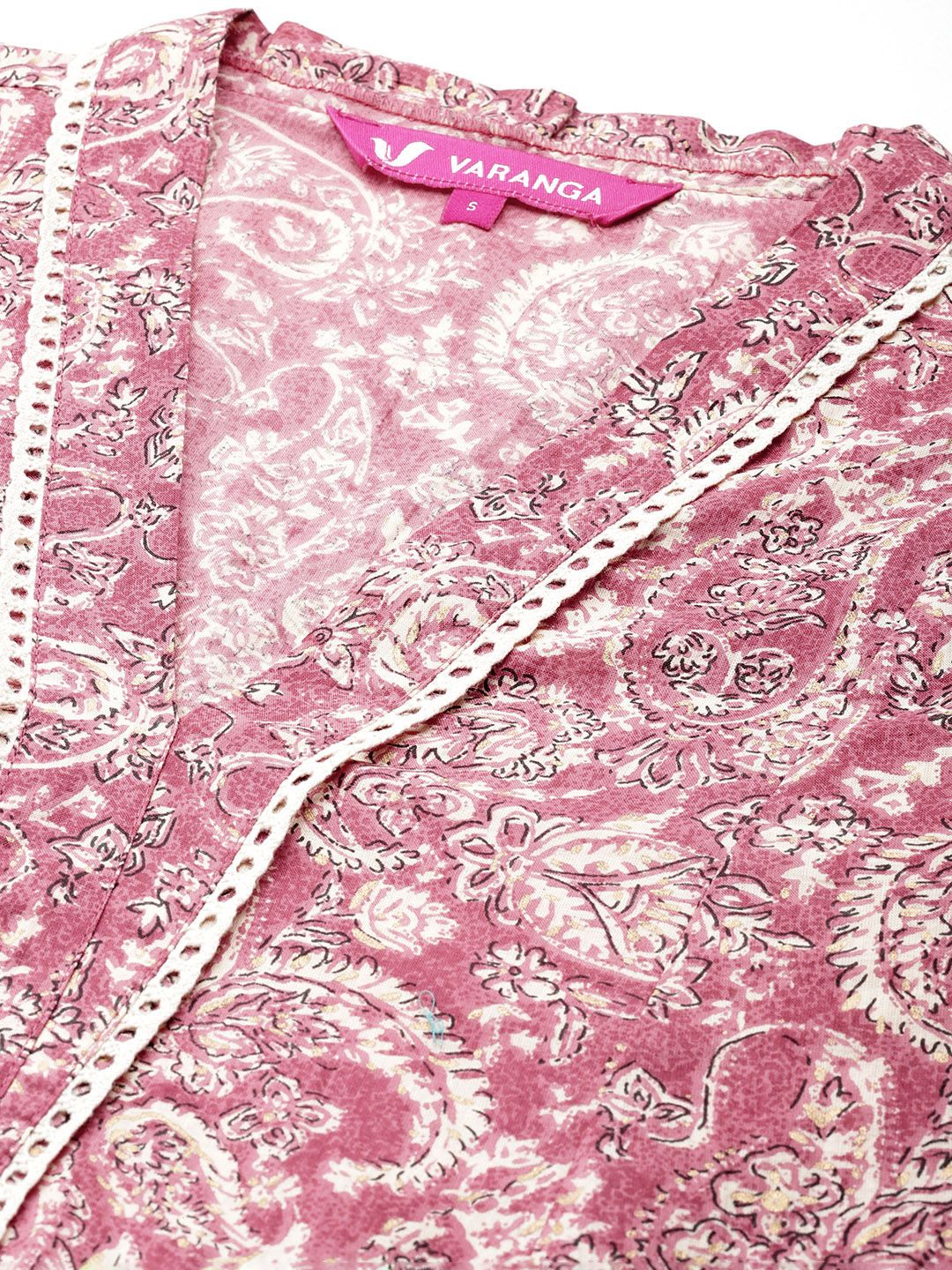 Varanga Peach Jaipuri Printed V Neck A line Pure Cotton Kurta