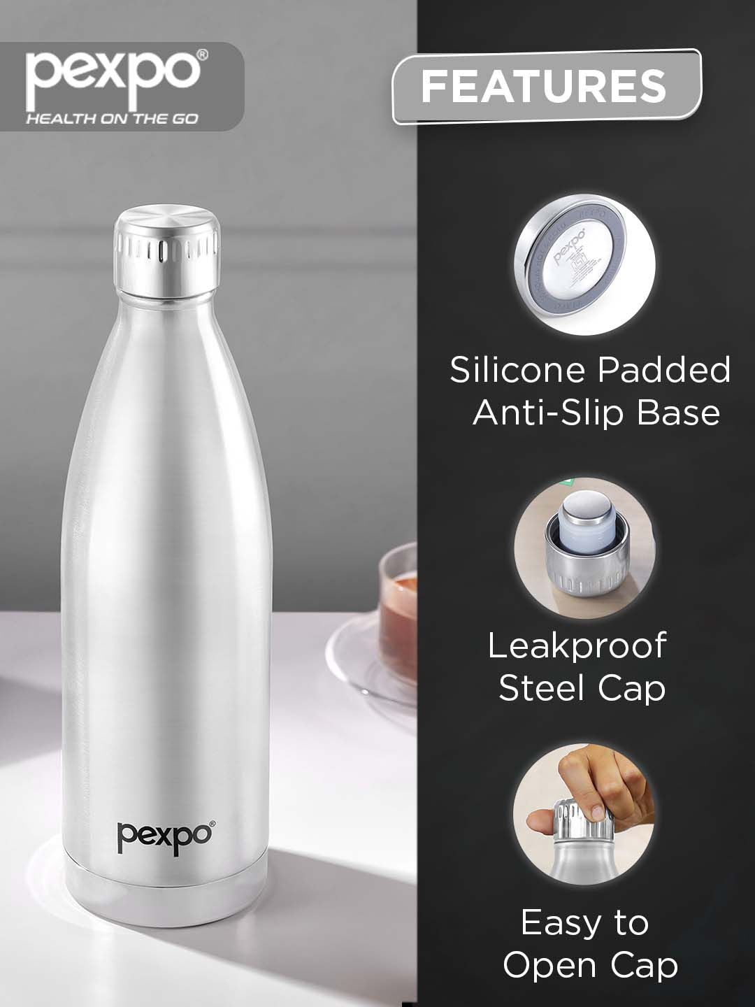 Pexpo Extreme Silver ISI Certified Thermosteel Hot & Cold Insulated Water Bottle 830ml