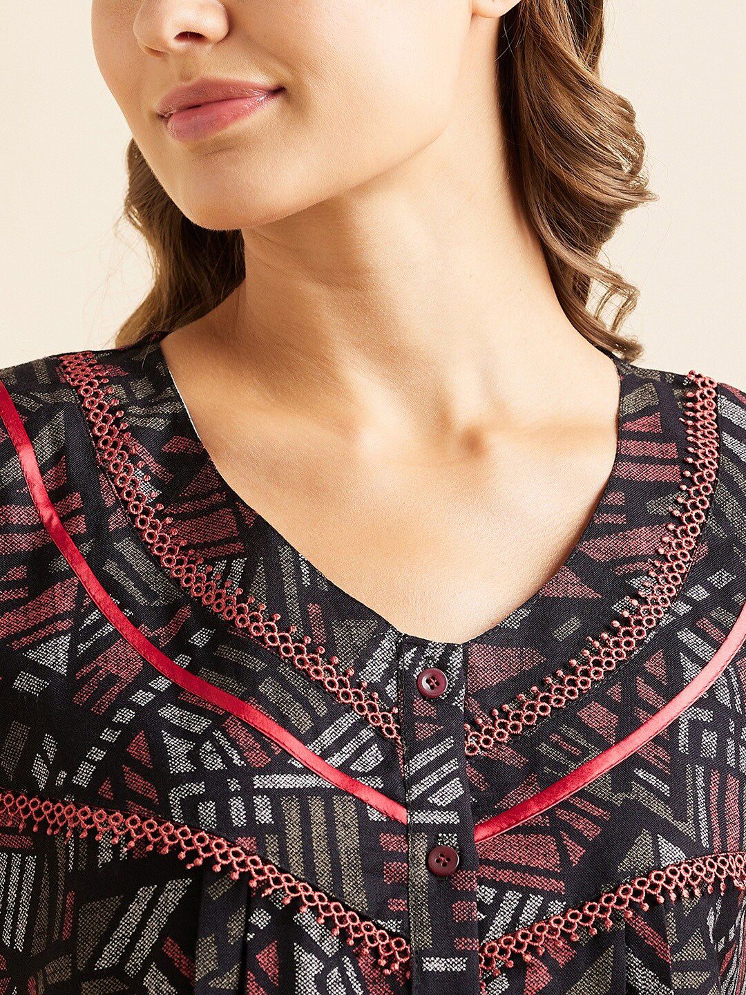 Sweet Dreams Red Geometric Printed Pure Cotton Maxi Nightdress