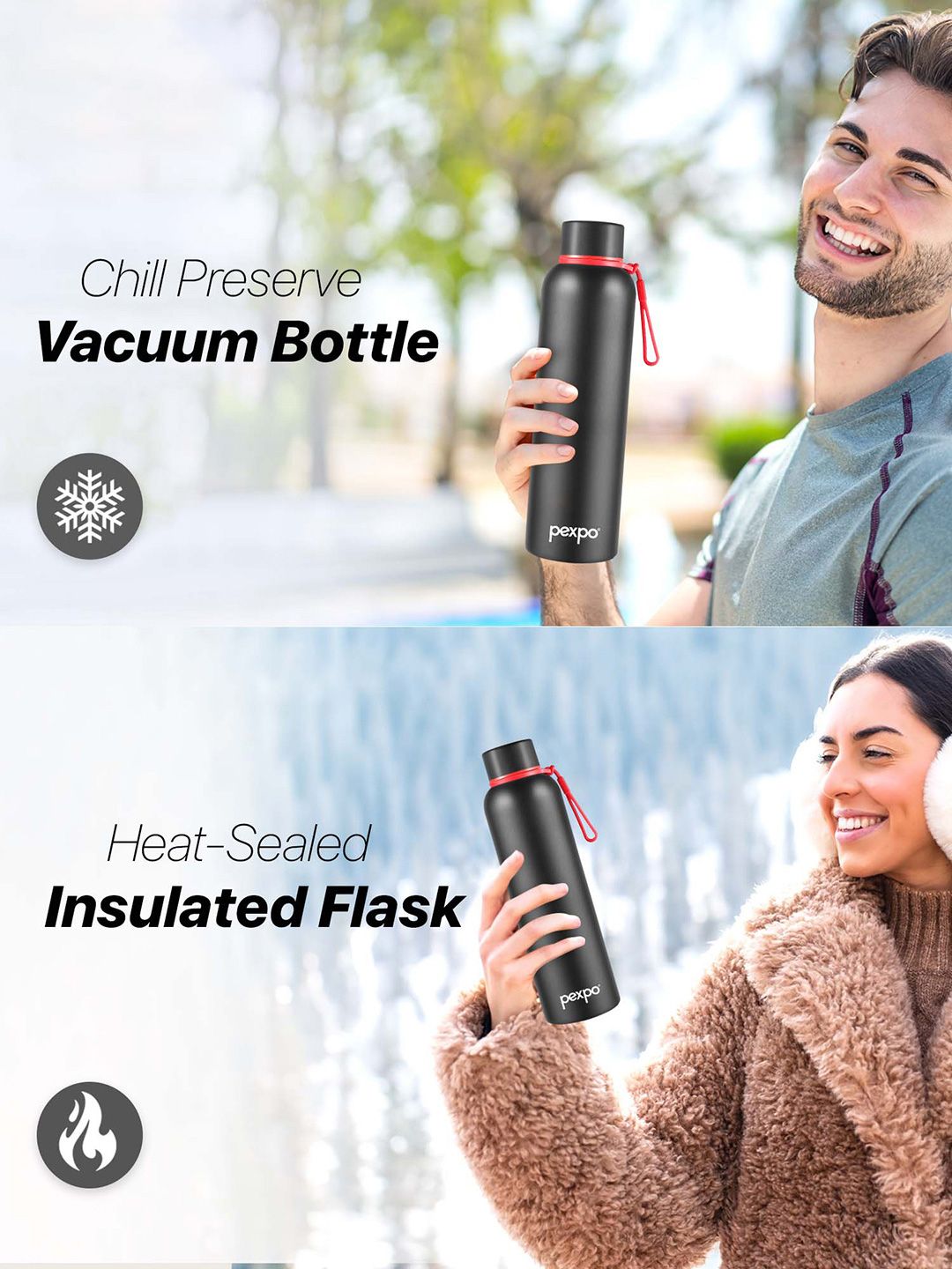 Pexpo Bravo Black ISI Certified Thermosteel Hot & Cold Insulated Water Bottle 1L