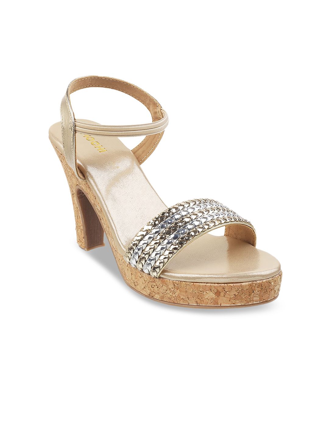 Mochi Gold-Toned Woven Design Block Heels