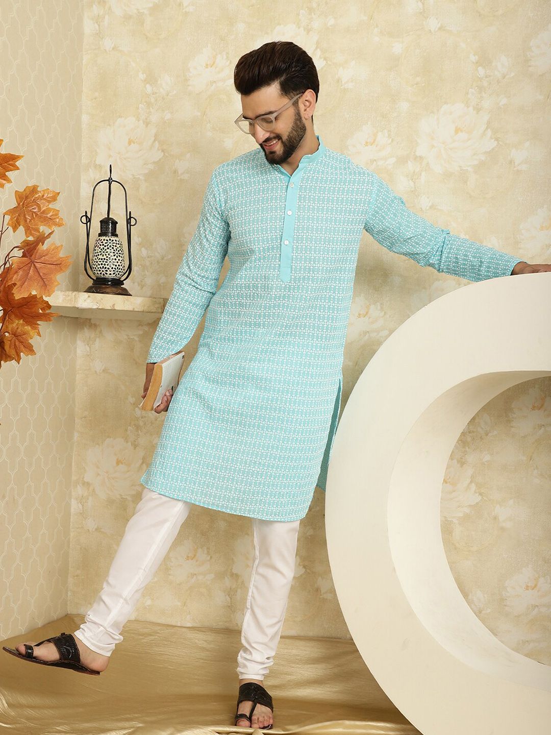 SOJANYA Floral Embroidered Pure Cotton Kurta with Churidar