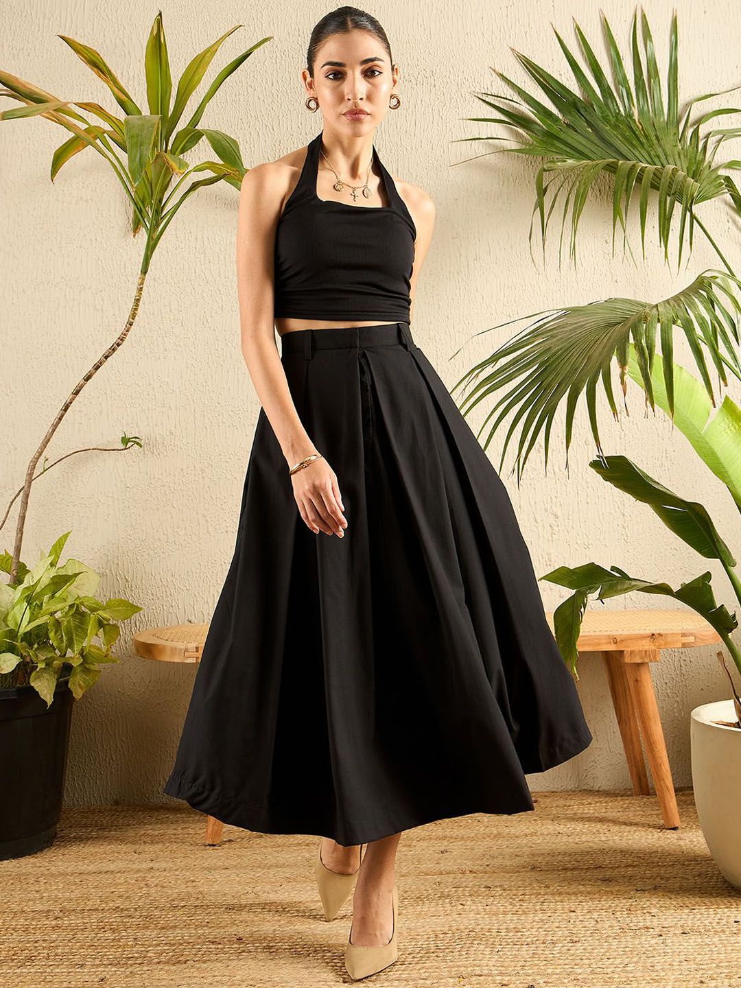 Kotak poplin kapas Uptownie skirt midi berlipat