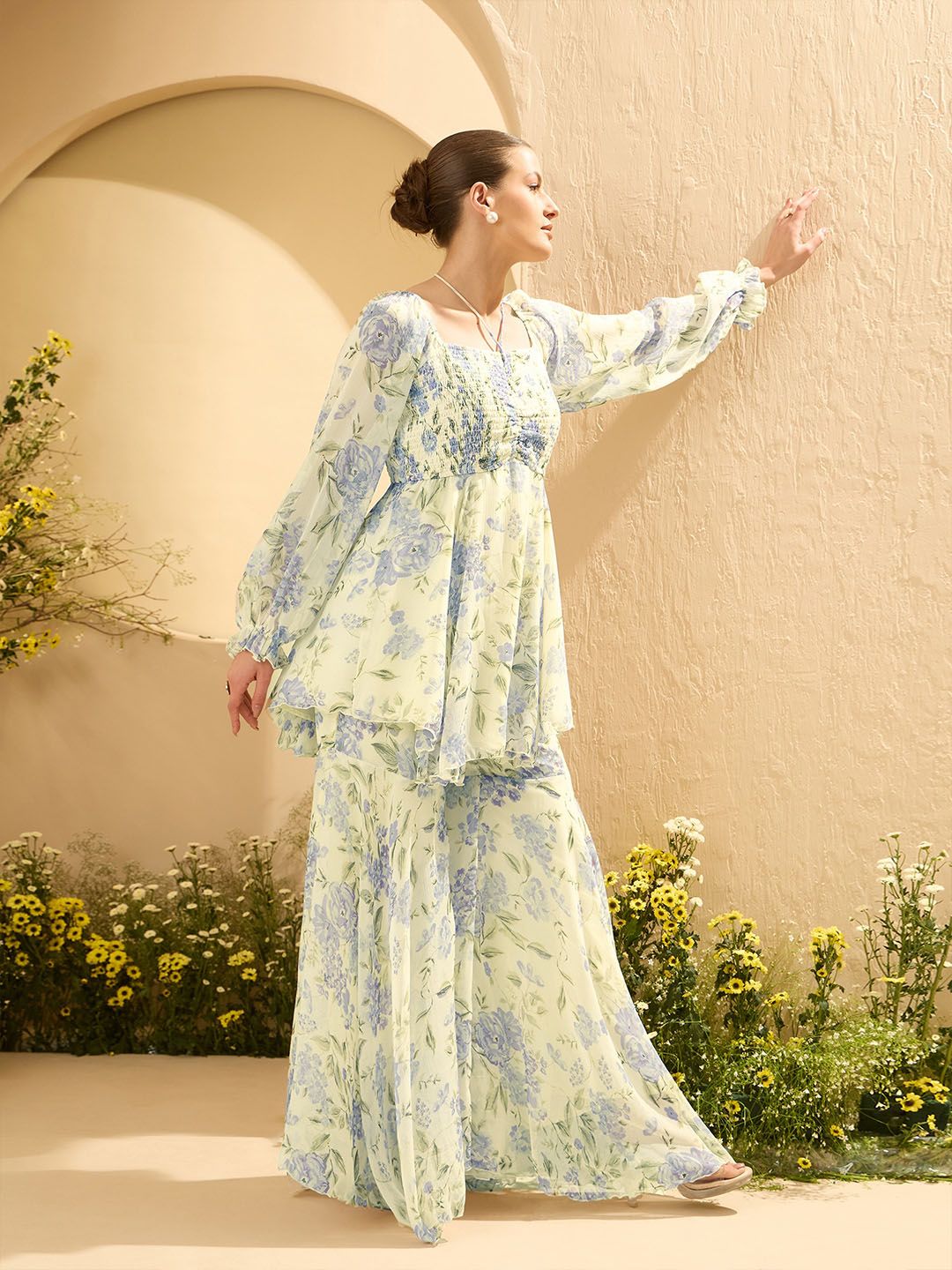 Antheaa Floral Printed Square Neck Tunic With Palazzos