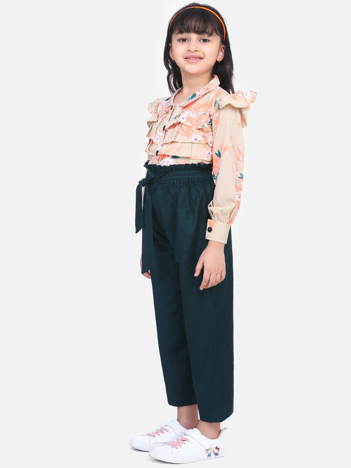 Cutiekins Girls Beige & Green Printed Top with Palazzos