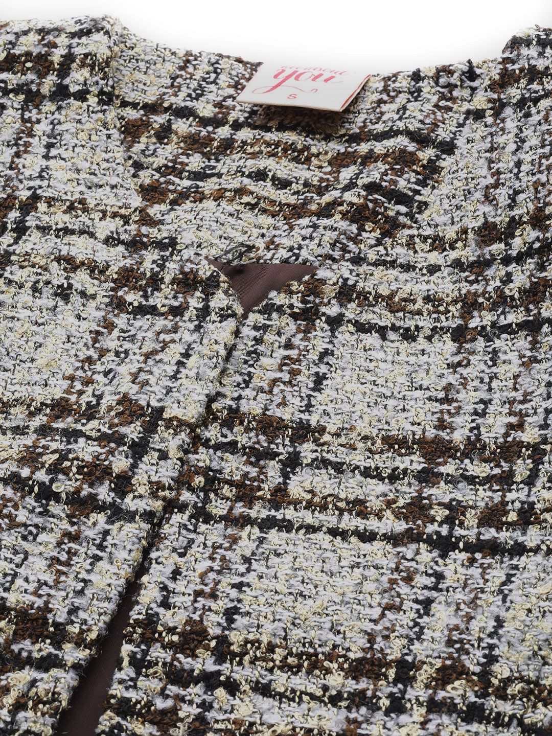 all about you Women Brown White Checked Open Front Jacket