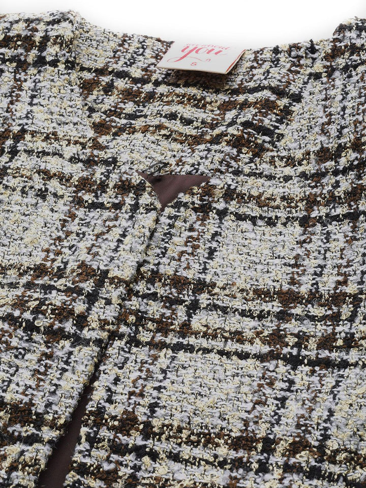 all about you Women Brown White Checked Open Front Jacket