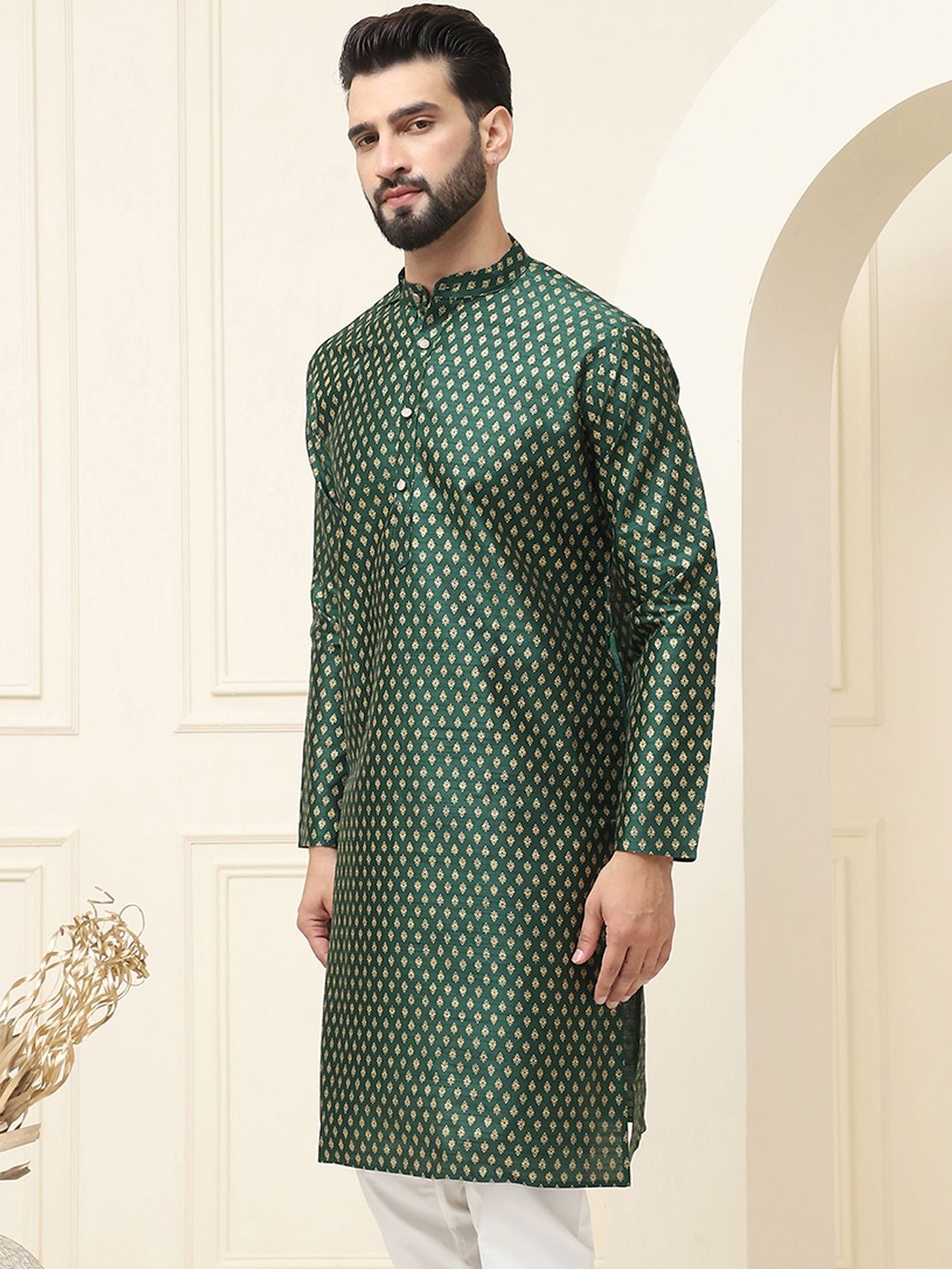 SOJANYA Rekaan Tenunan Kolar Mandarin Sutera Kapas Biasa Kurta