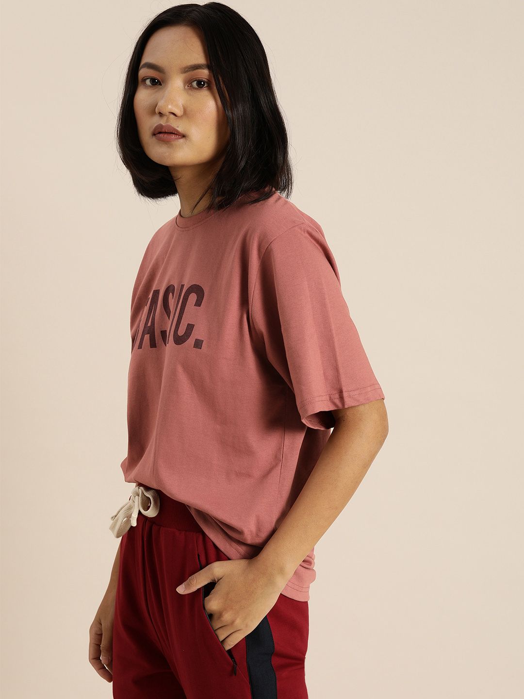 DILLINGER Women Rust Pink Printed Longline Oversized Cotton Pure Cotton T-shirt