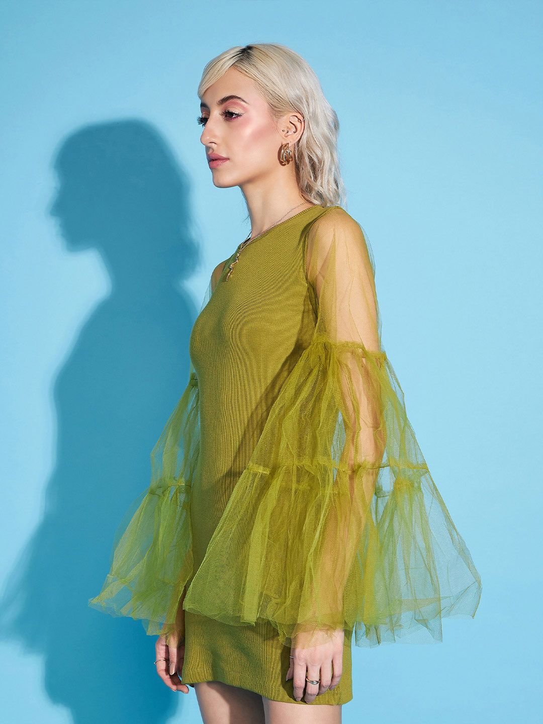 SASSAFRAS Green Bell Sleeve Net Sheath Mini Dress