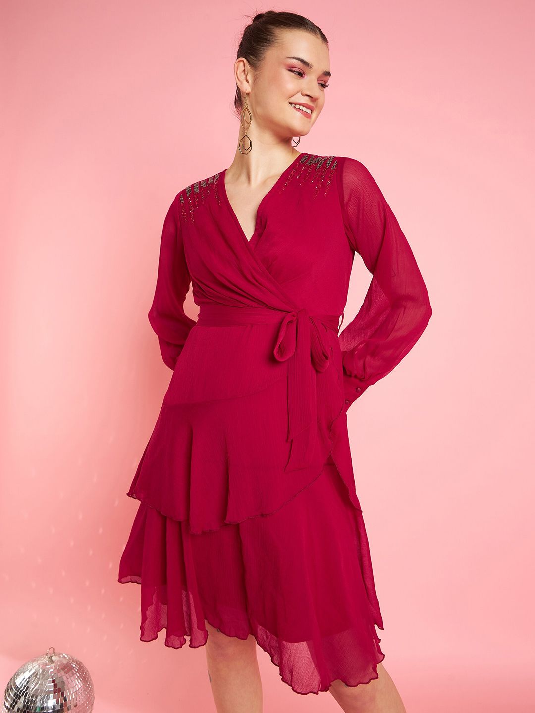 Antheaa Embellished Bell Sleeve Layered Chiffon Fit & Flare Party Dress