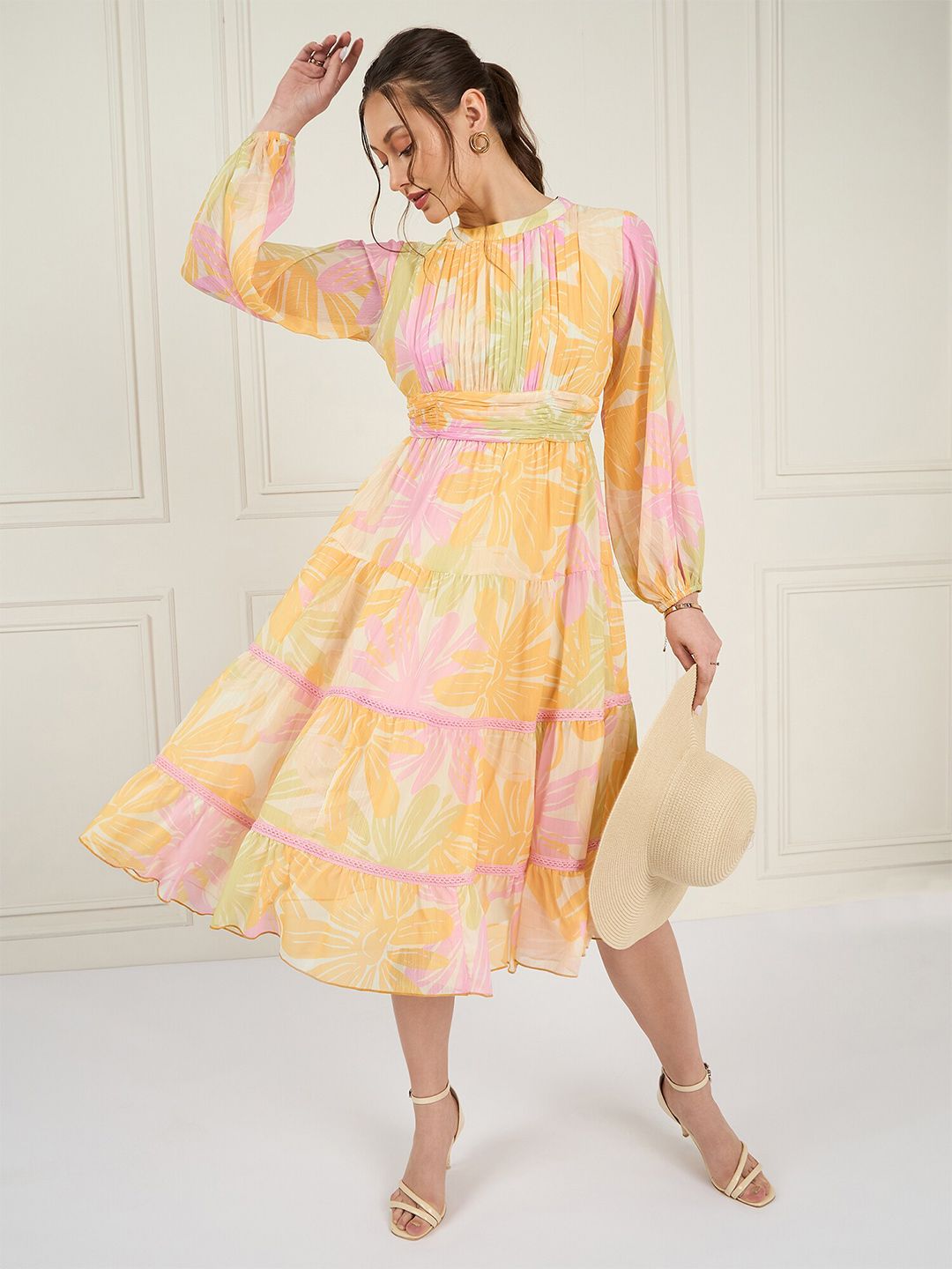 Antheaa Floral Printed Pleated Puff Sleeves Tiered Chiffon Fit & Flare Midi Dress