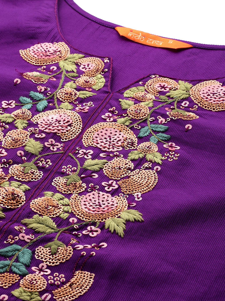 Indo Era Floral Embroidered Sequinned Liva Kurta With Trousers & Dupatta
