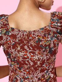 Berrylush Women Charming Maroon Floral Sweetheart Neck Dress