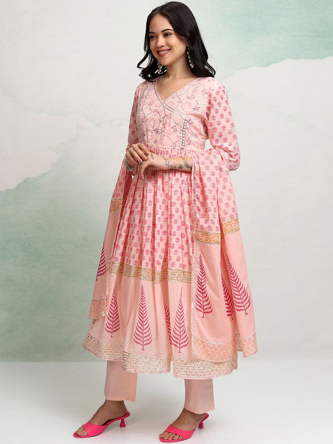 Vishudh Ethnic Motifs Embroidered Sequinned Pure Cotton Kurta With Trousers & Dupatta