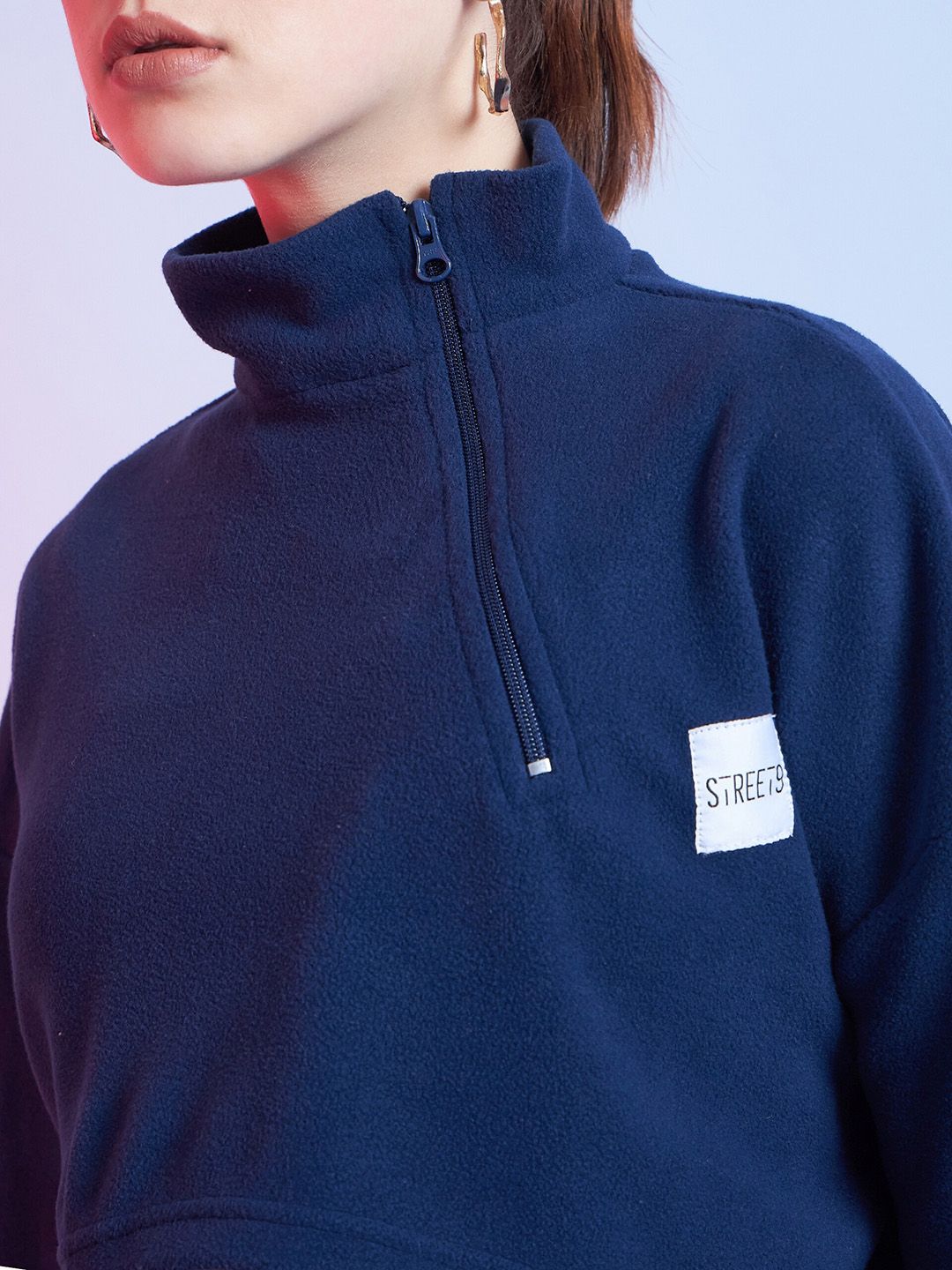 STREET 9 Navy Blue Mock Collar Crop Sweatshirt