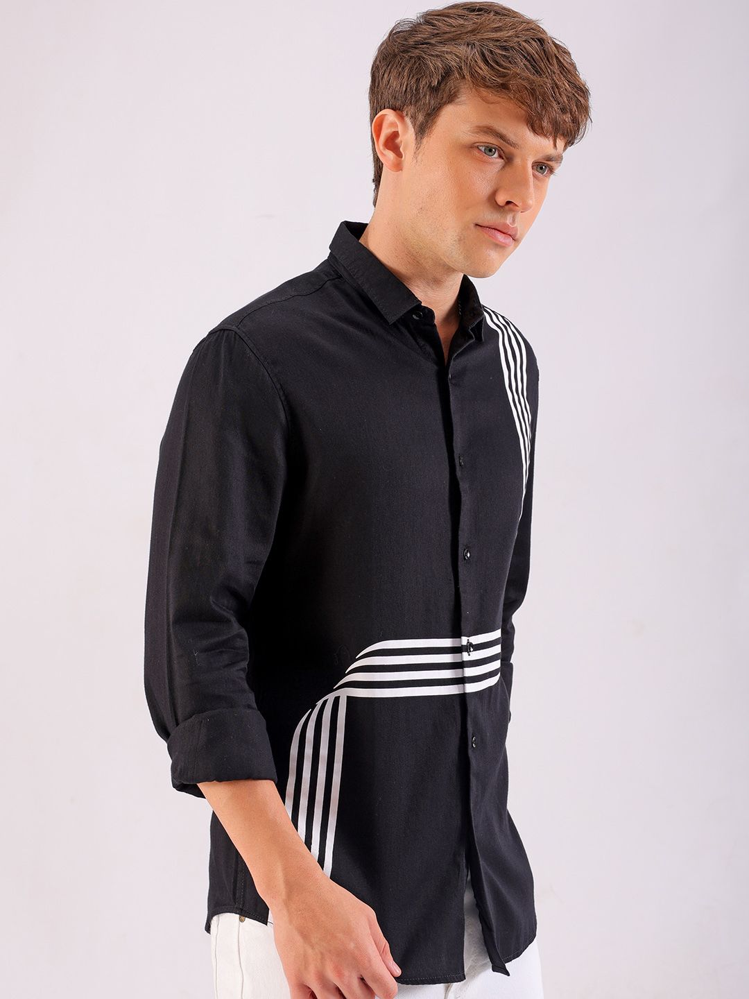 The Indian Garage Co Slim Fit Striped Band Collar Cotton Casual Shirt