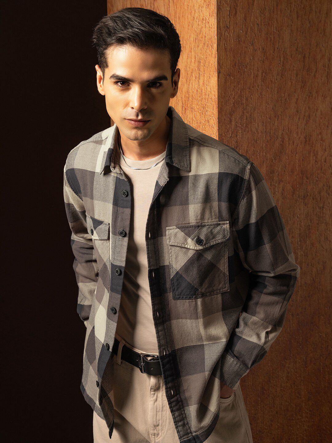 LOCOMOTIVE Premium Oversized Dobby Textured Checked Utility Pocket Overshirt