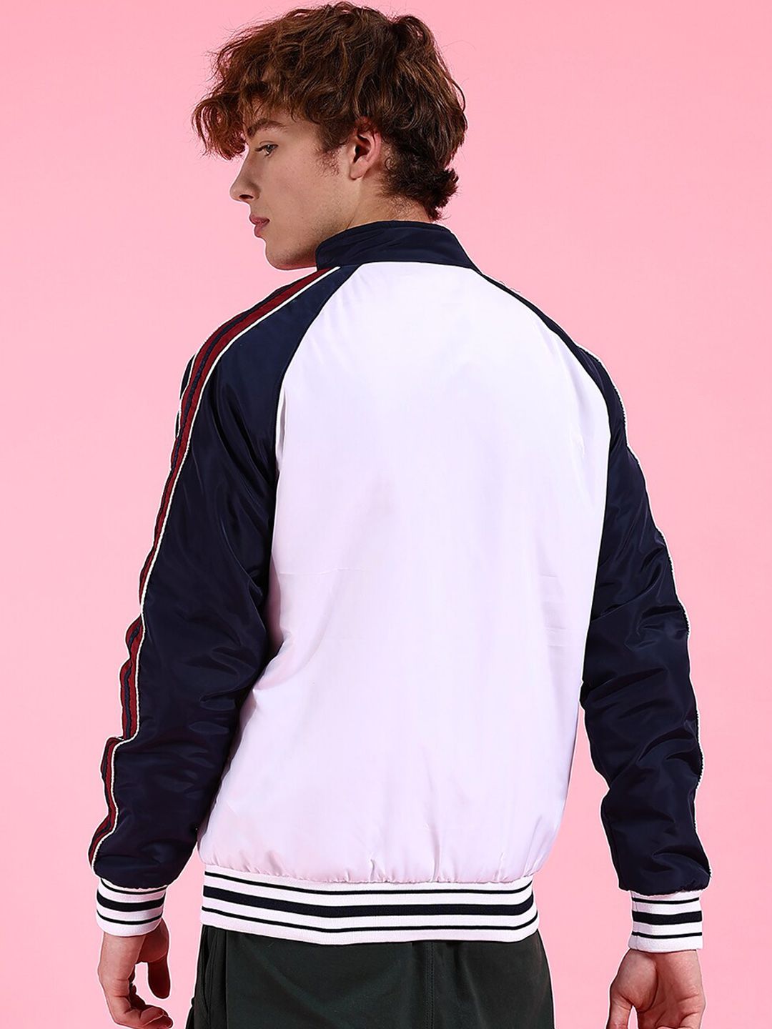 The Indian Garage Co Men White Striped Crop Outdoor Bomber with Embroidered Jacket