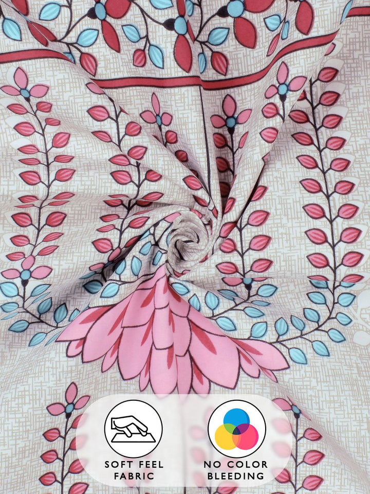 Story@home Arena Grey & Pink Floral Printed 180 TC Queen Bedsheet & 2 Pillow Covers