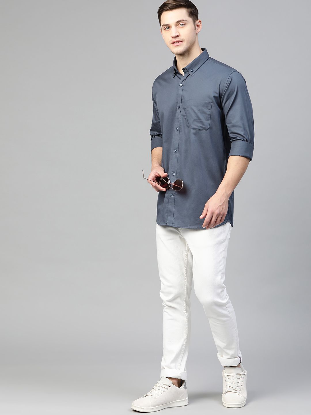 DENNISON Men Charcoal Grey Smart Slim Fit Solid Water & Stain Repellent Casual Shirt