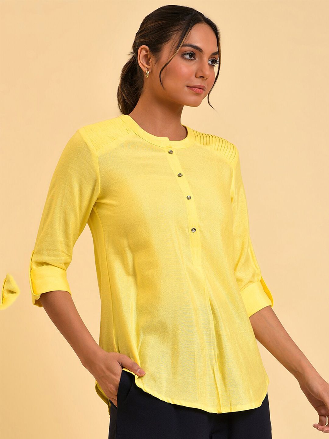W Yellow Roll-Up Sleeves Shirt Style Top