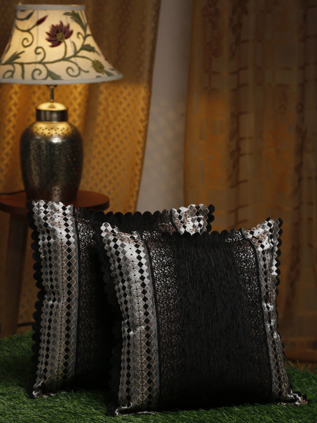 HOSTA HOMES Black & Grey Set of 2 Geometric Velvet Square Cushion Covers