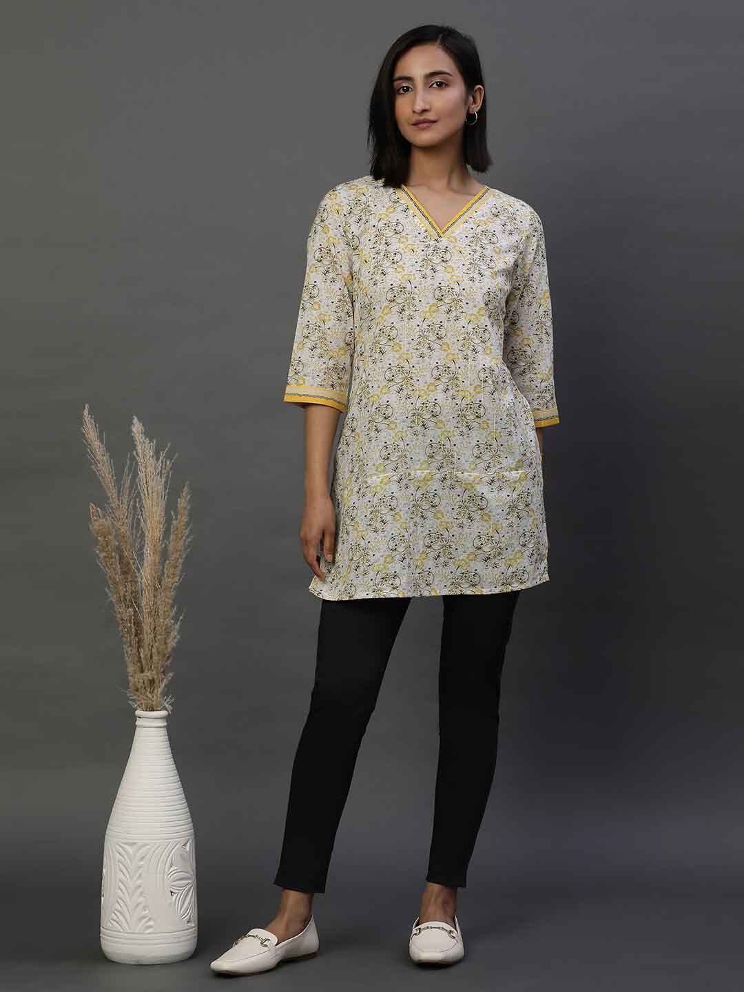 AURELIA Floral Printed V-Neck Pure Cotton Straight Kurti
