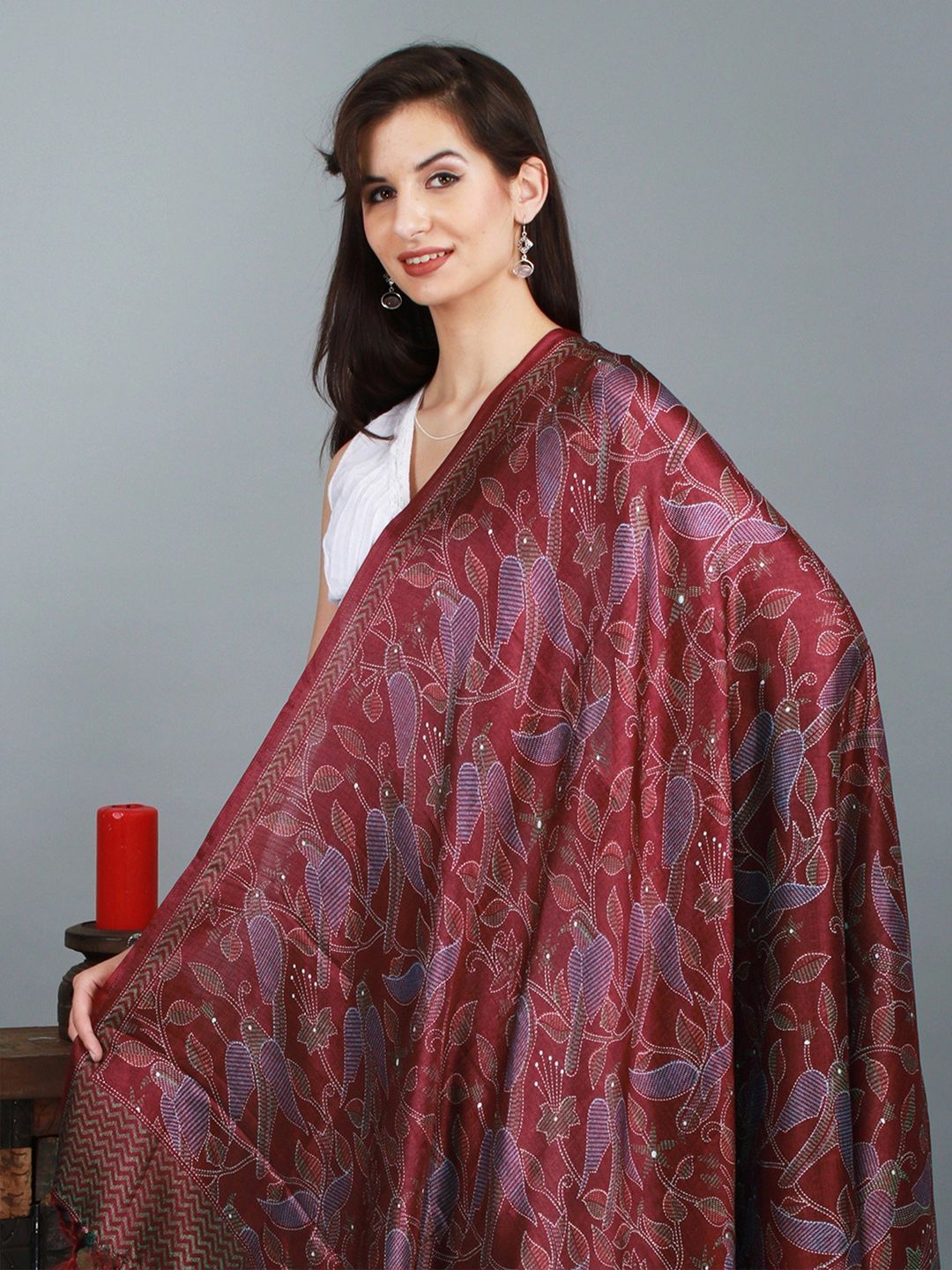 Exotic India Maroon Banglori Satin Birds and Leaf Printed Dupatta with Tassels