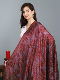 Exotic India Maroon Banglori Satin Birds and Leaf Printed Dupatta with Tassels