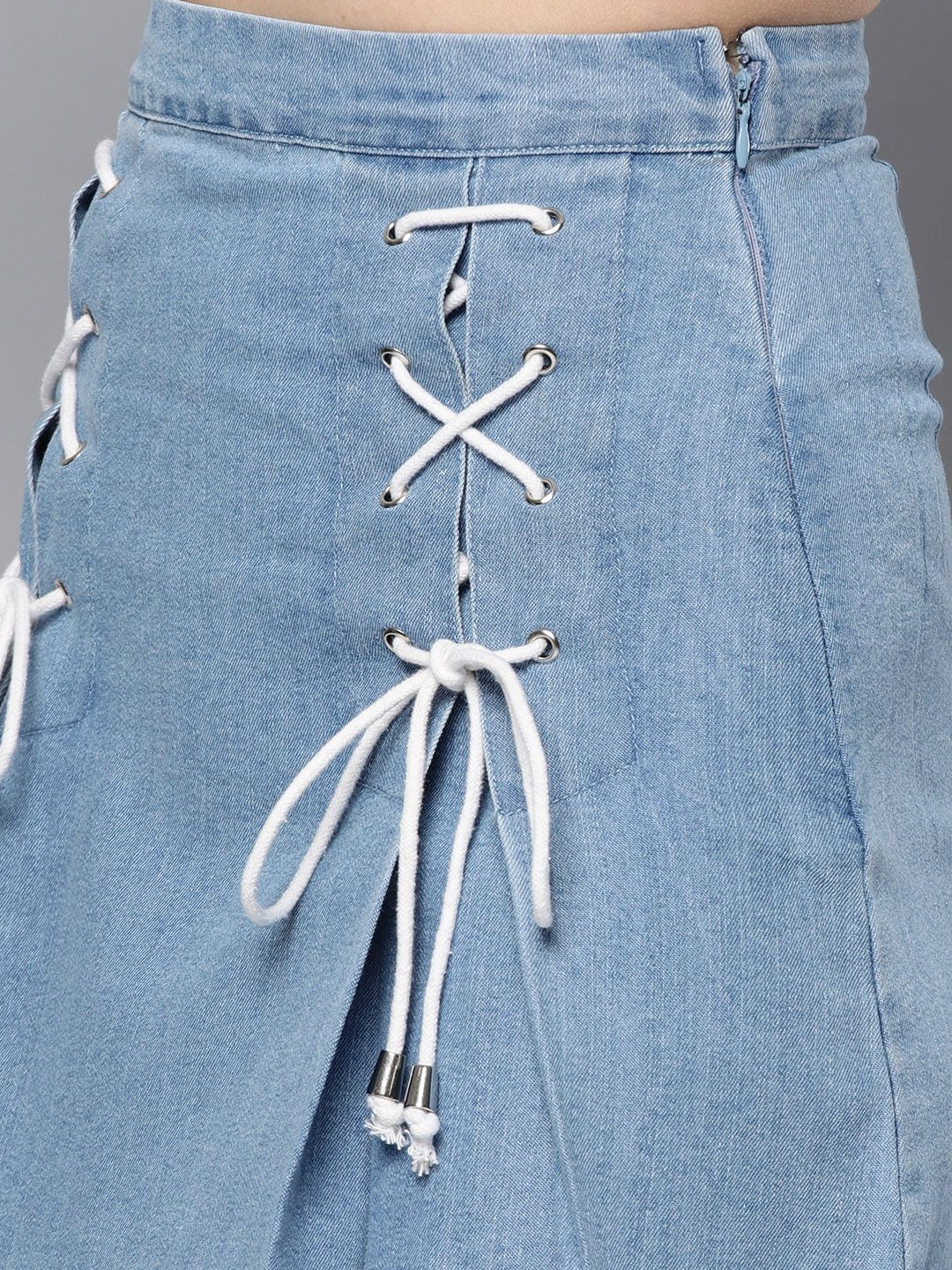 STREET 9 Blue Denim Pleated Mini A-Line Pure Cotton Skirt