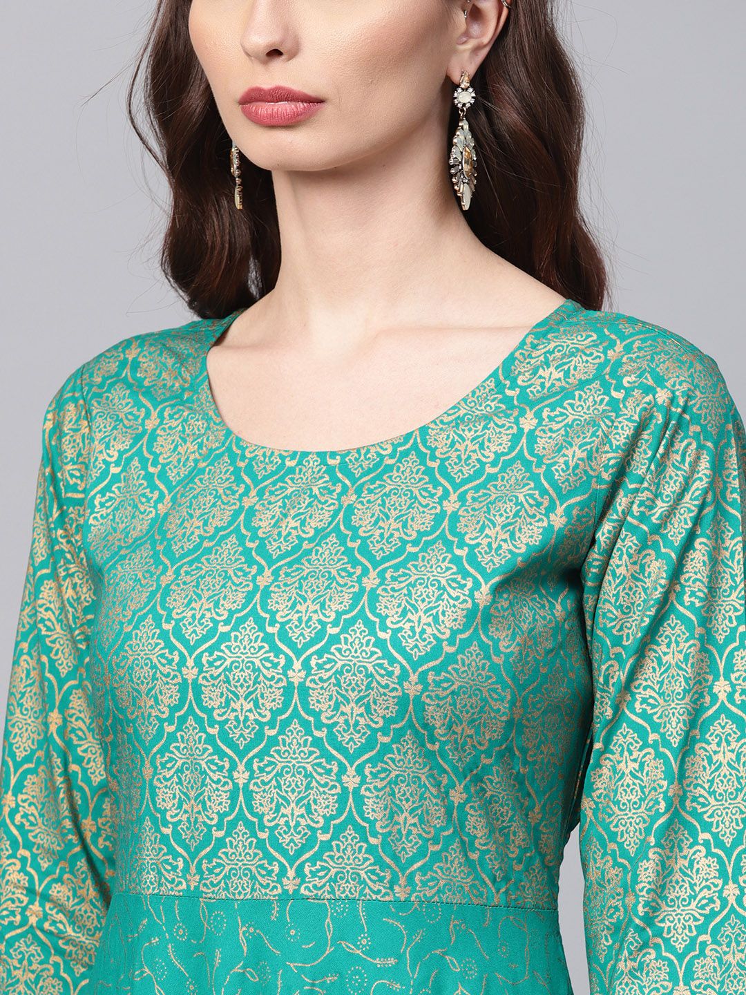 SOJANYA Wanita Turquoise Blue & Golden Foil Print Kurta A-Line