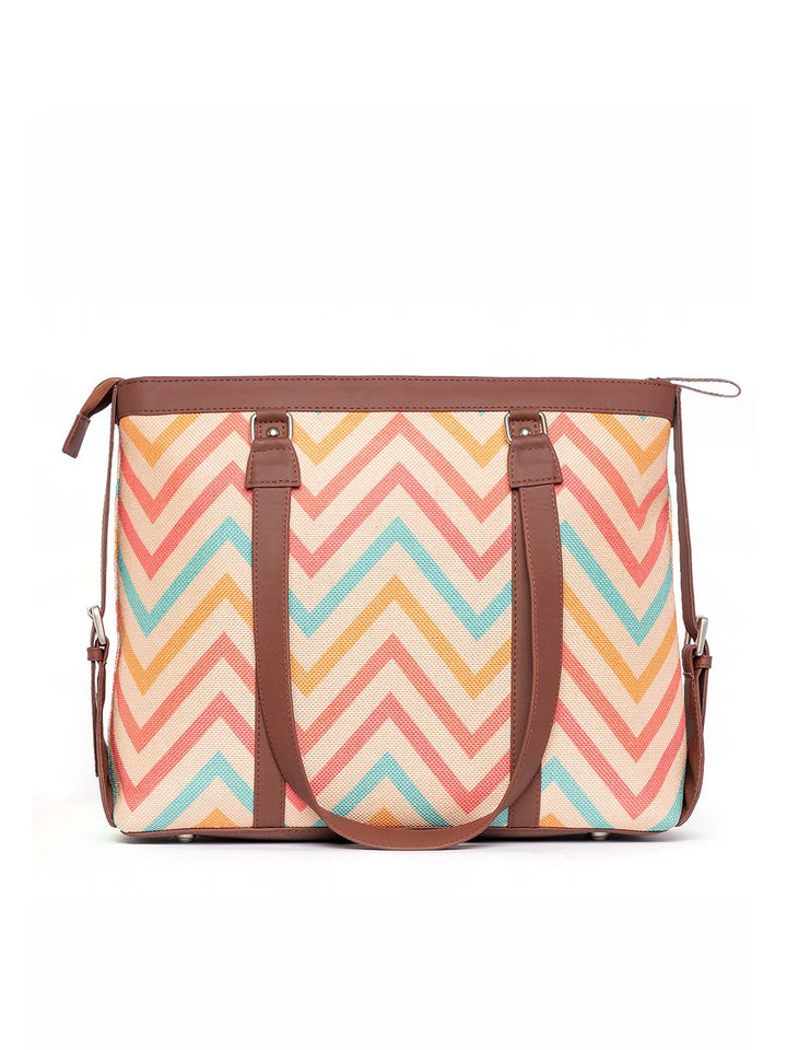 ZOUK Beige Geometric Printed Jute & Leather Structured Laptop Shoulder Tote Bag