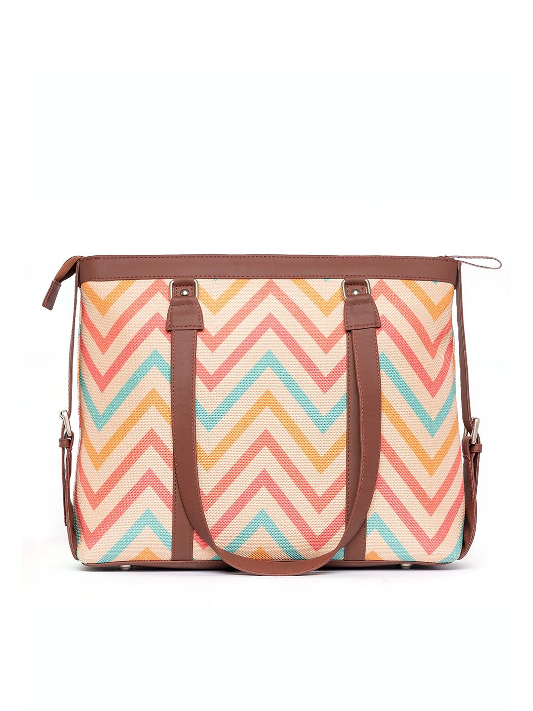 ZOUK Beige Geometric Printed Jute & Leather Structured Laptop Shoulder Tote Bag