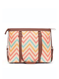 ZOUK Beige Geometric Printed Jute & Leather Structured Laptop Shoulder Tote Bag