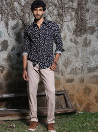 Thomas Scott Premium Slim Fit Floral Printed Spread Collar Cotton Corduroy Casual Shirt