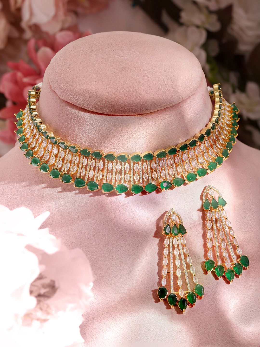Rubans 22K Gold-Plated Crystal Emerald & White CubicZiicronia Studded Choker Jewellery Set