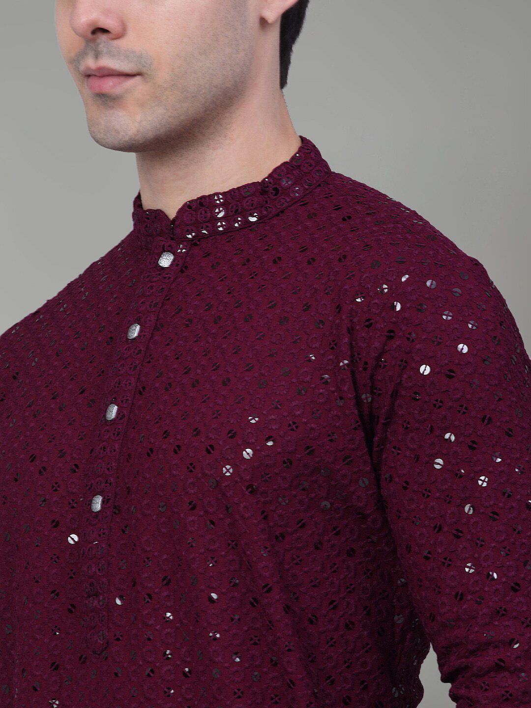Jompers Embroidered Mandarin Collar Pure Cotton Chikankari Kurta