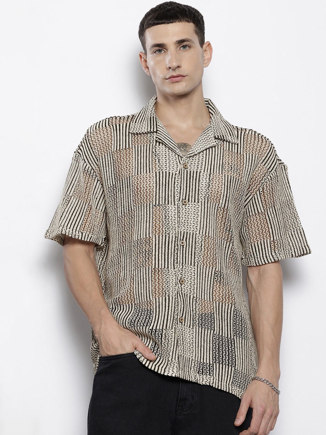 The Indian Garage Co Men Textured Open Weave Knitted Relaxed Fit Shirt
