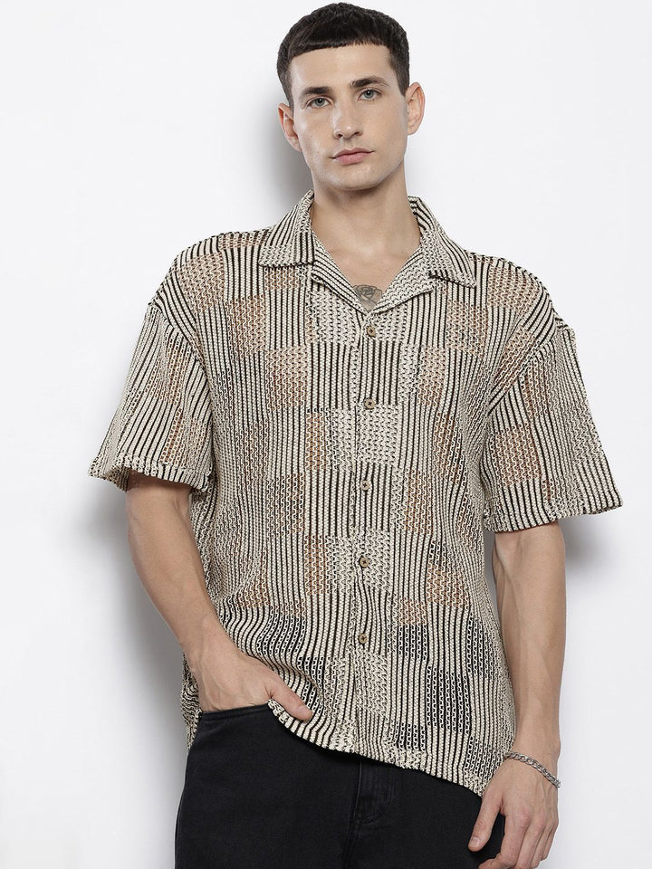 The Indian Garage Co Men Textured Open Weave Knitted Relaxed Fit Shirt