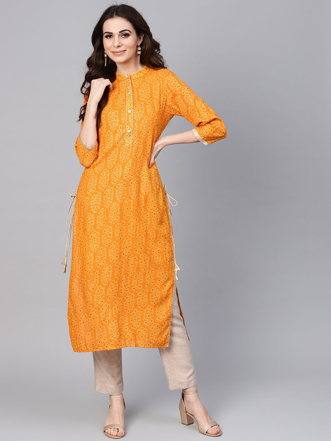 Libas Women Mustard Yellow Printed Straight Kurta