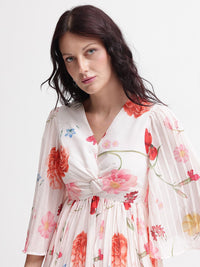 RAREISM Women White Floral Print Flared Sleeve Fit & Flare Midi Dress