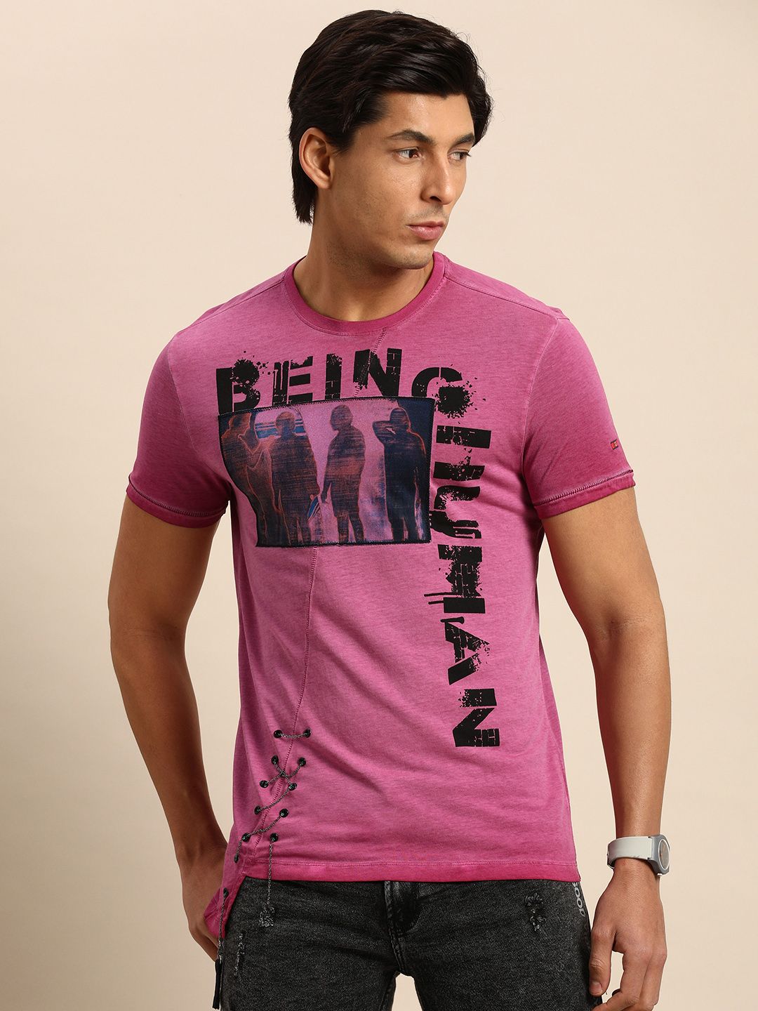 Being Human Men Fuchsia Pink Graphic Printed Pure Cotton T-shirt