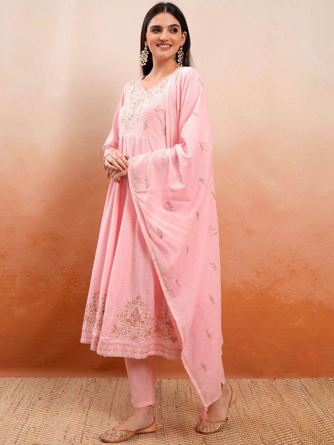 Vishudh Floral Embroidered V-Neck Pure Cotton Kurta with Trouser & Dupatta