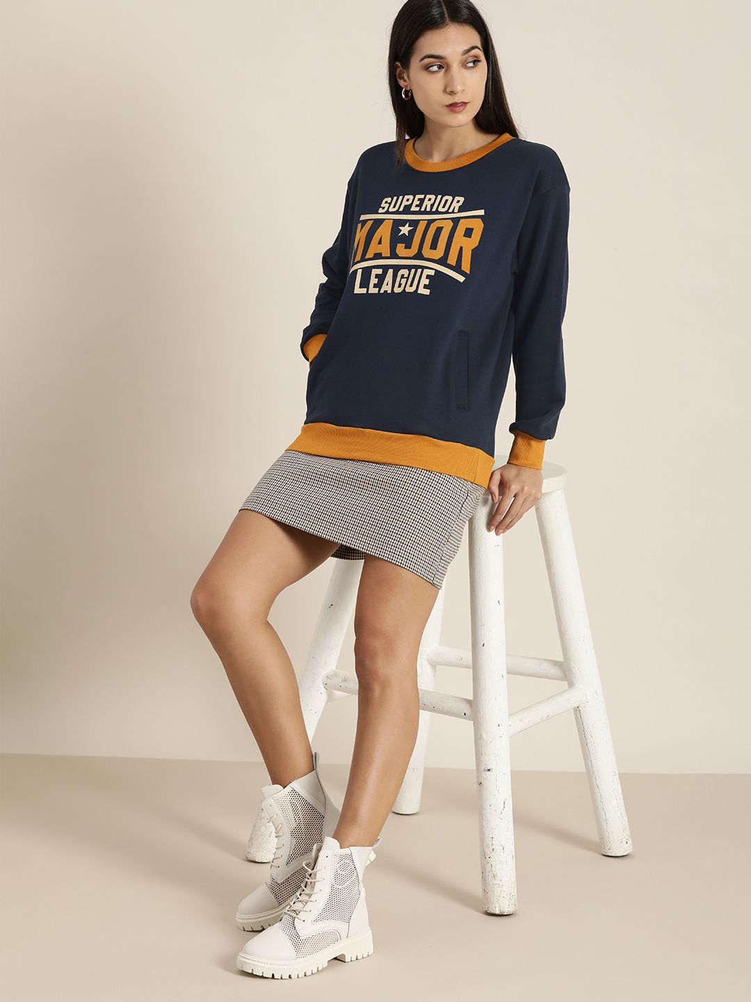 DILLINGER Women Navy Blue Printed Oversized Sweatshirt