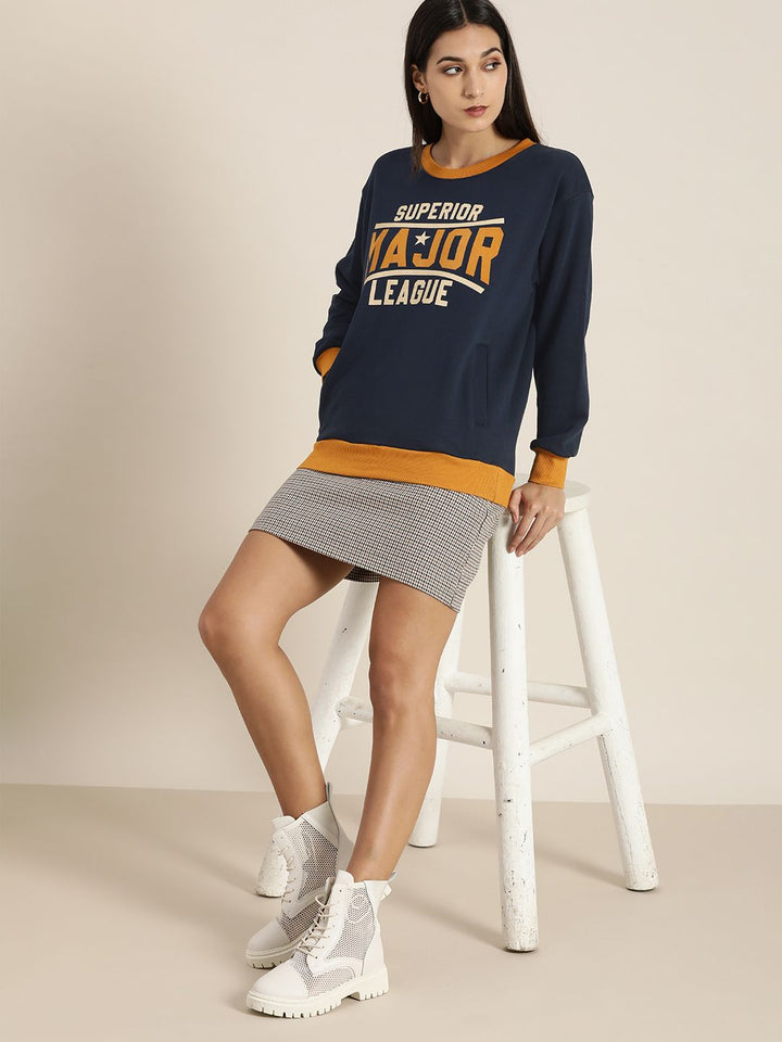 DILLINGER Women Navy Blue Printed Oversized Sweatshirt