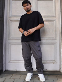 Powerlook Men Dark Grey Loose Fit Mid-Rise Cotton Cargos