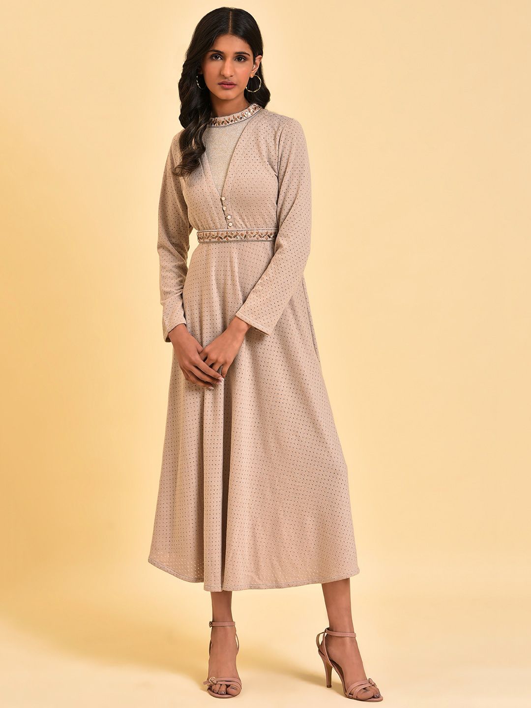 W Grey Embellished Polka Dot Printed High Neck Belted Fit & Flare Midi Dress