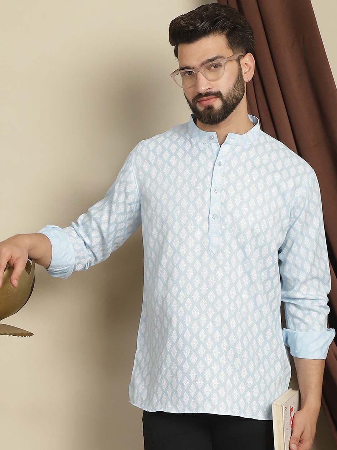 Anouk Geometric Mandarin Collar Lengan Panjang Benang Kerja Kurta Pendek