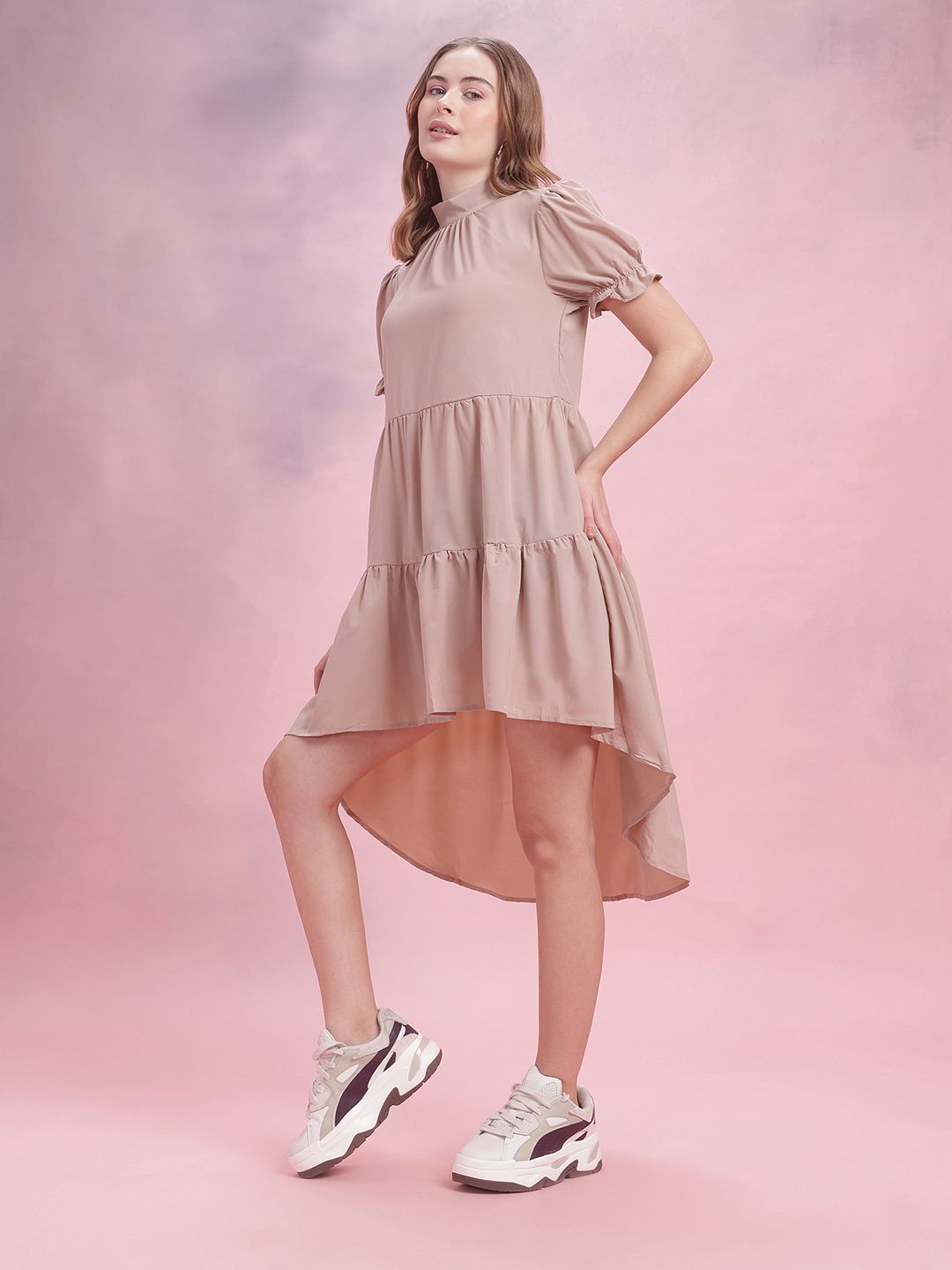 DressBerry Gathered Detail High-Neck Tiered A-Line Midi Dress with Tie-Ups